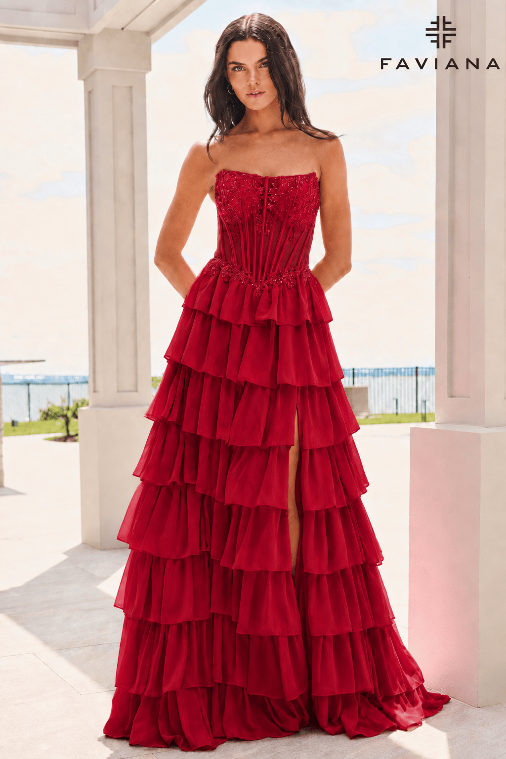 Chiffon Flowy Long Tiered Dress With Beaded Corset | 11629