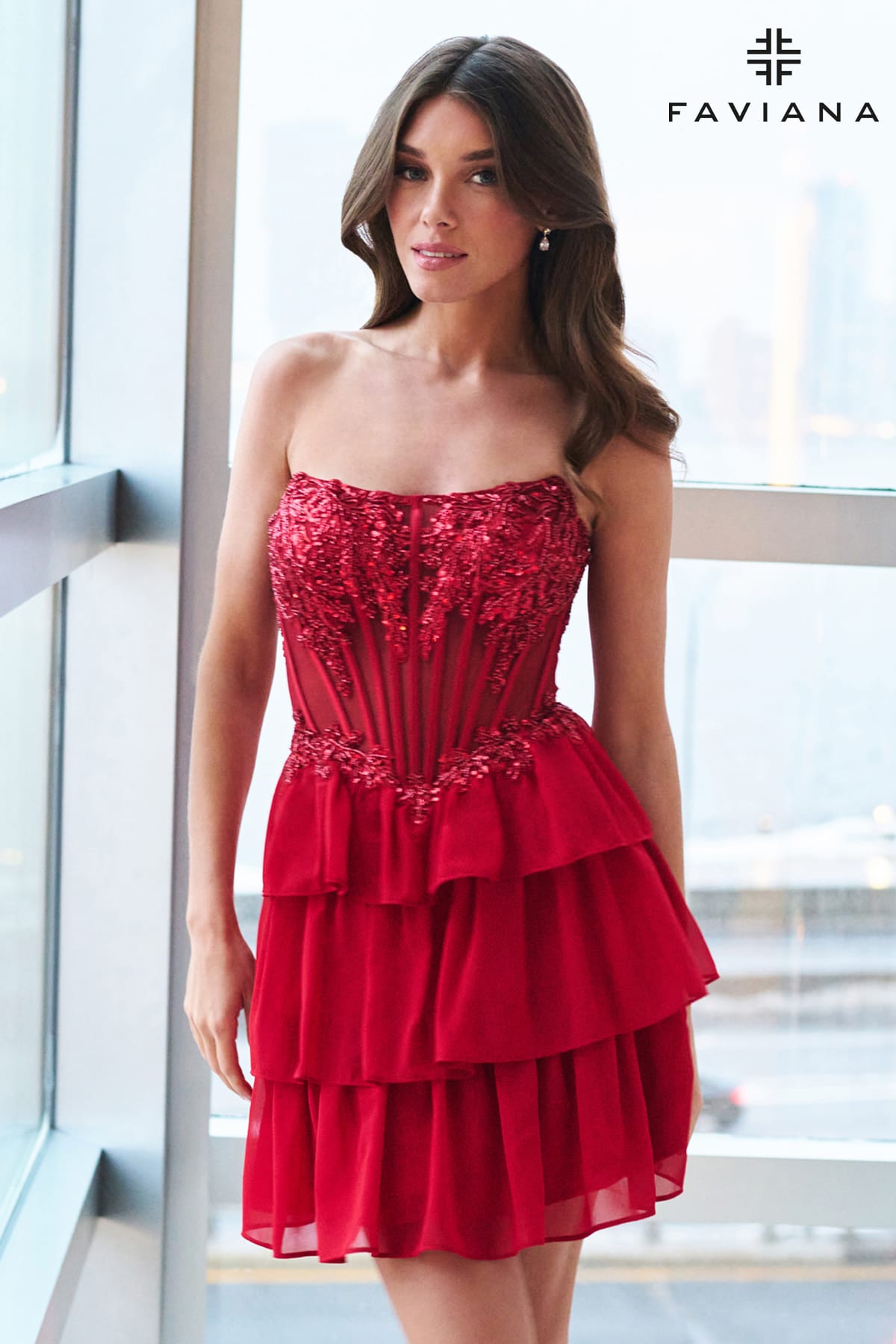 Bright Pink Chiffon Flowy Mini Dress With Beaded Corset | 11500/11500E