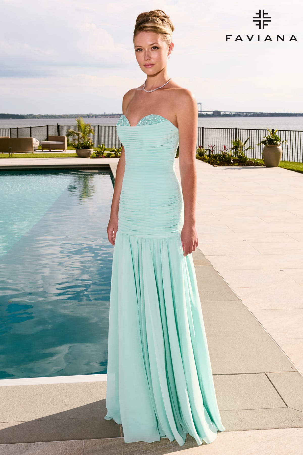 Chiffon Mermaid Gown With Pleated Fabric And Peekaboo Corset Top | 11667