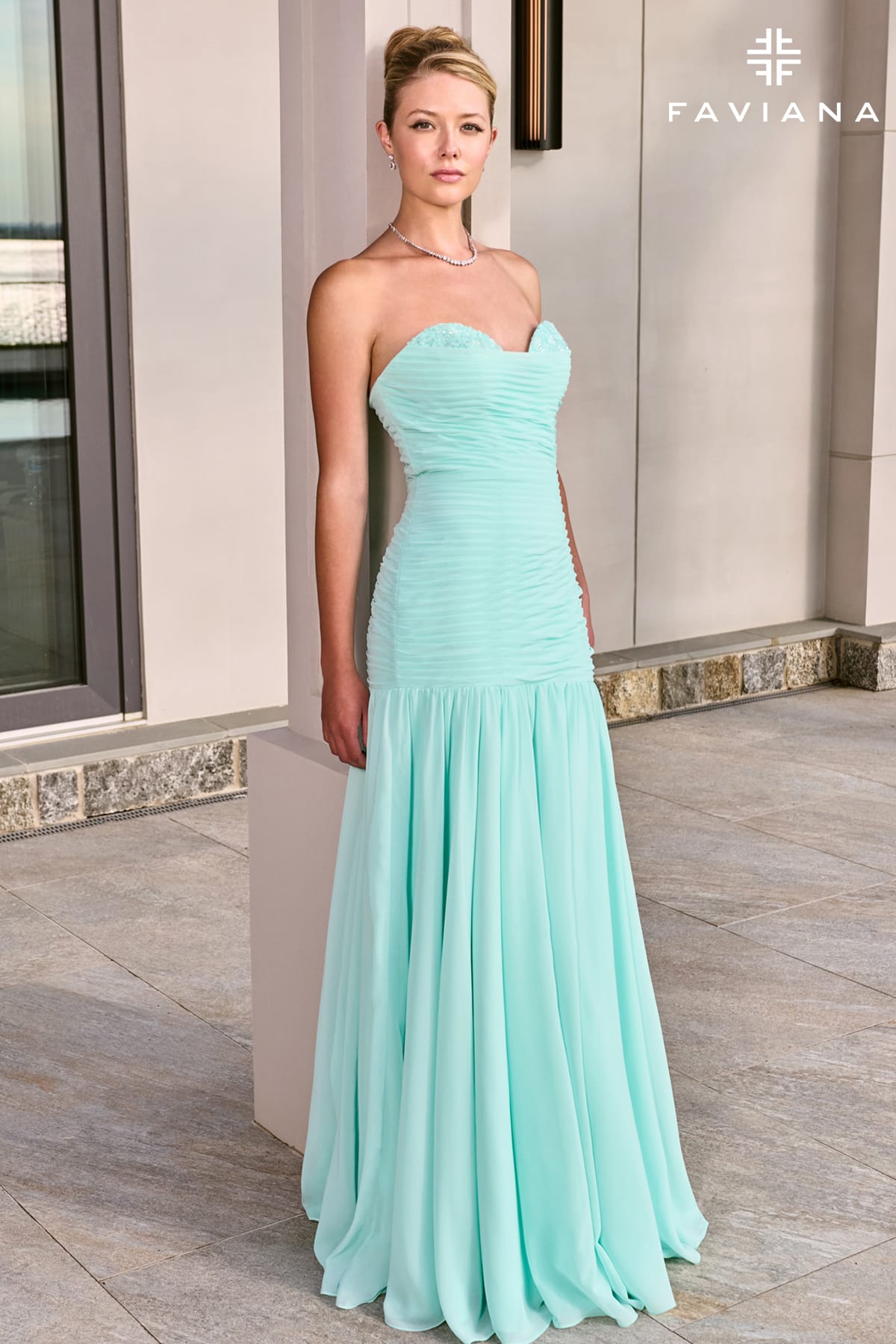 Chiffon Mermaid Gown With Pleated Fabric And Peekaboo Corset Top | 11667