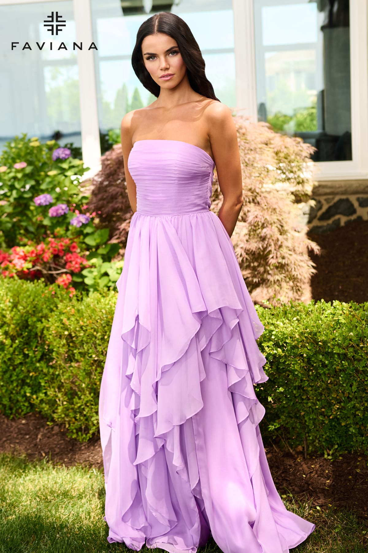 Chiffon Strapless Gown With Cascading Layered Skirt | 11669