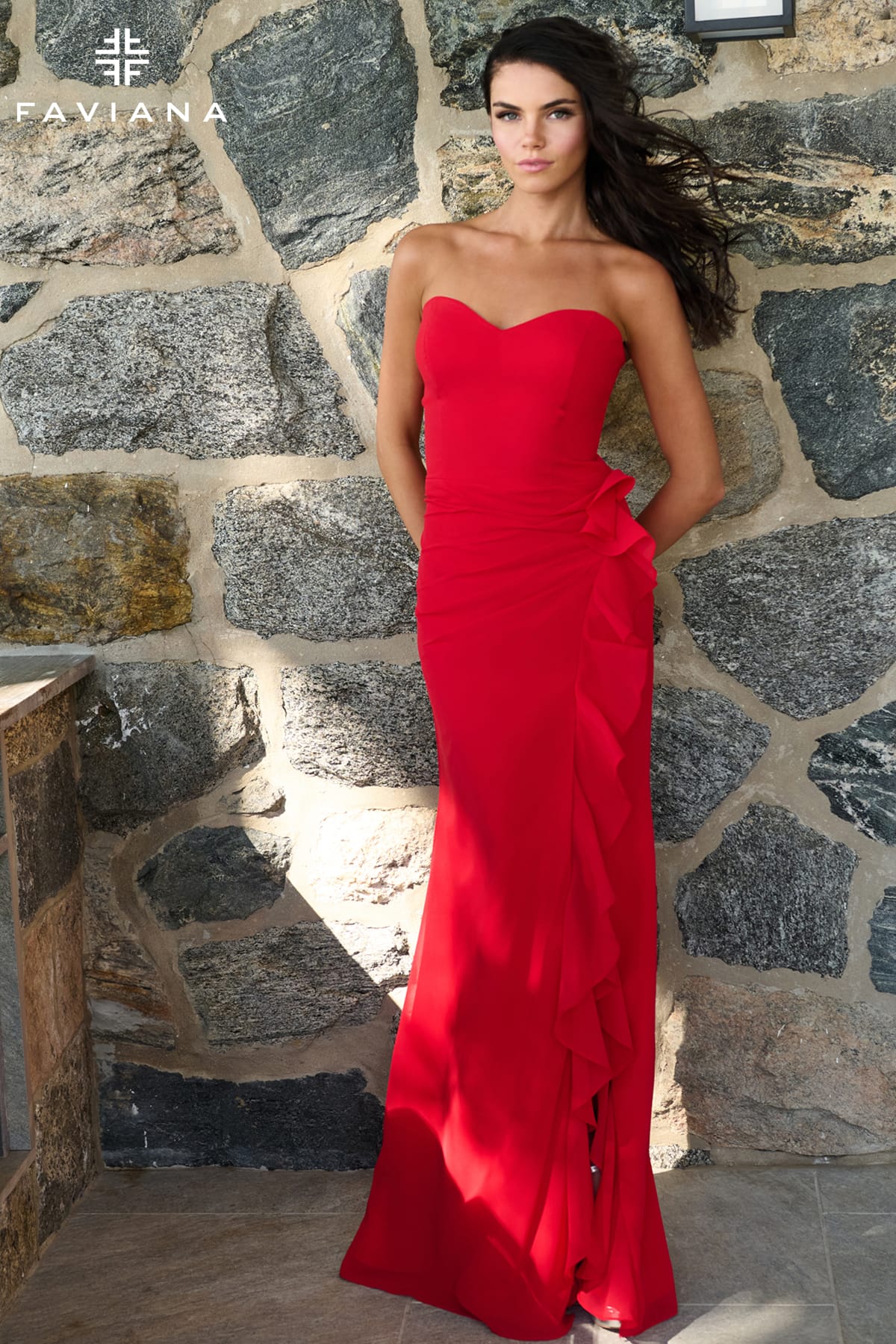 Chiffon Strapless Sweetheart Dress With Ruffle Slit And Ruching | 11673