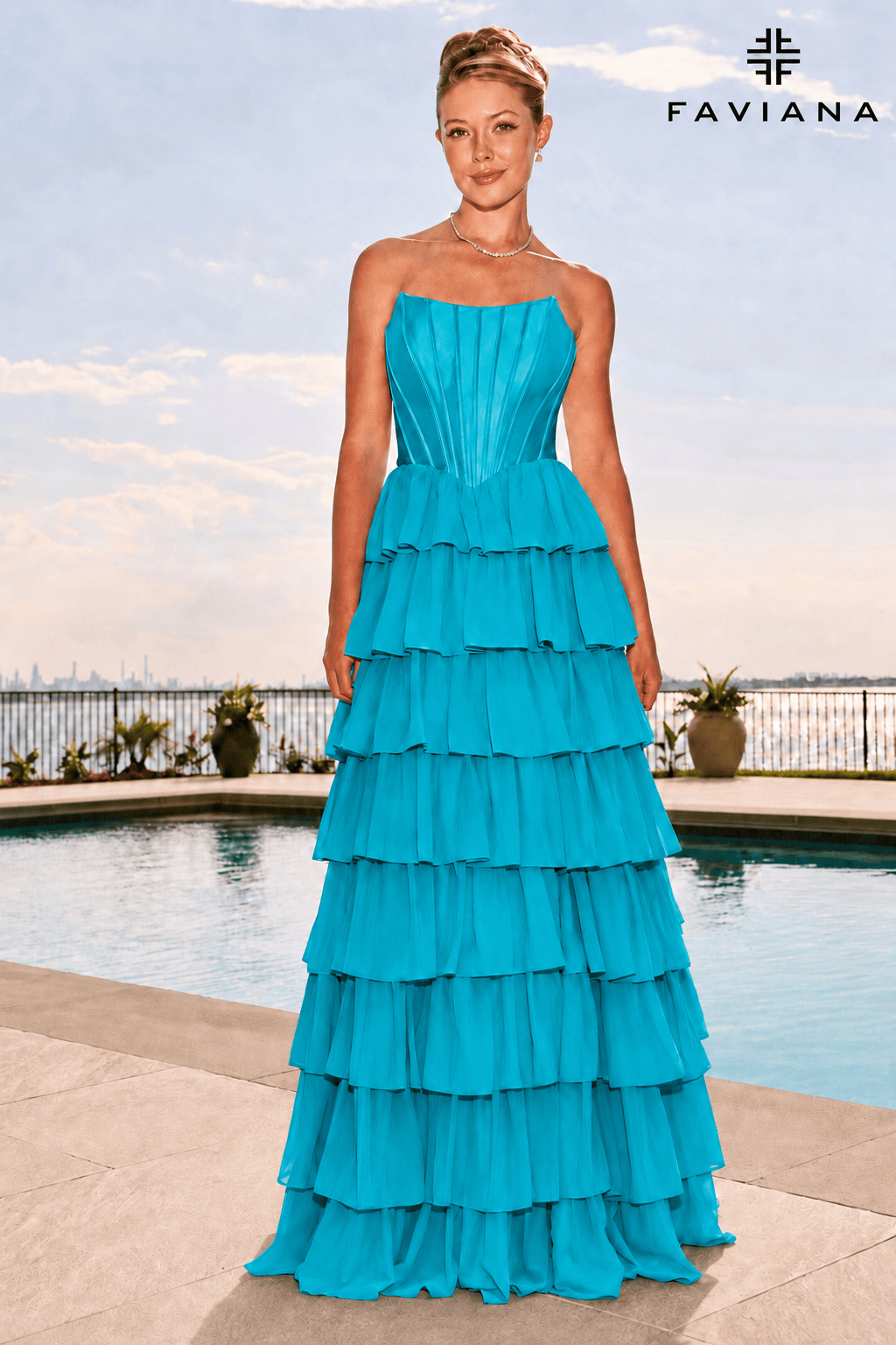 Flowy Chiffon Tiered Gown With Pointed Satin Corset Top | 11631