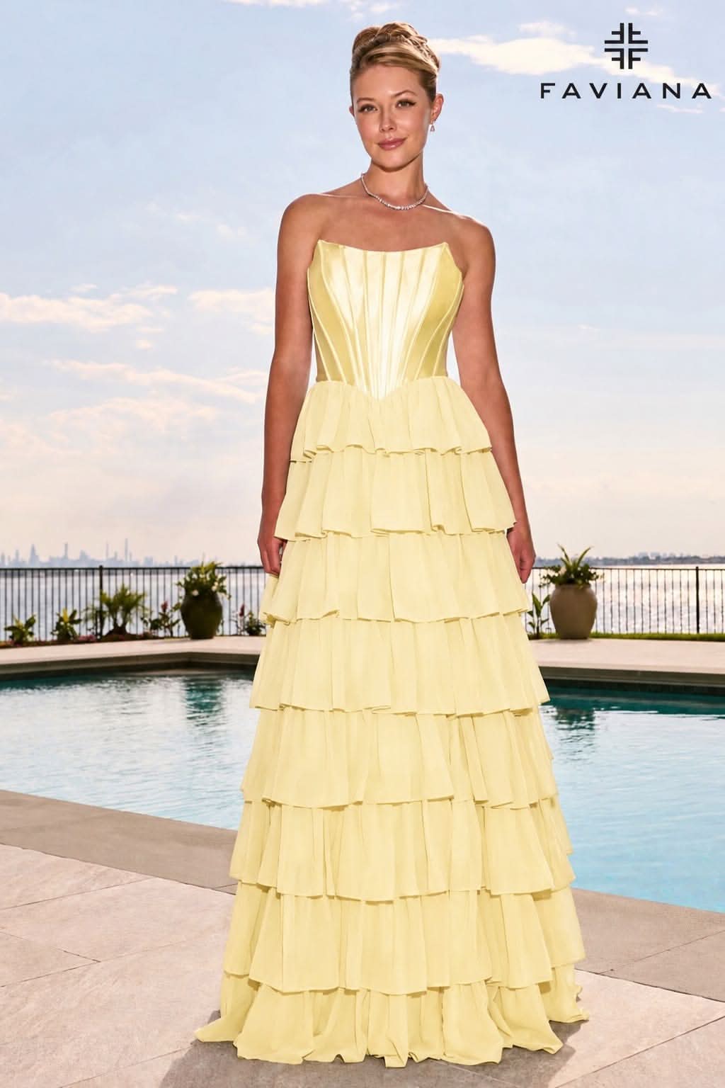 Flowy Chiffon Tiered Gown With Pointed Satin Corset Top | 11631