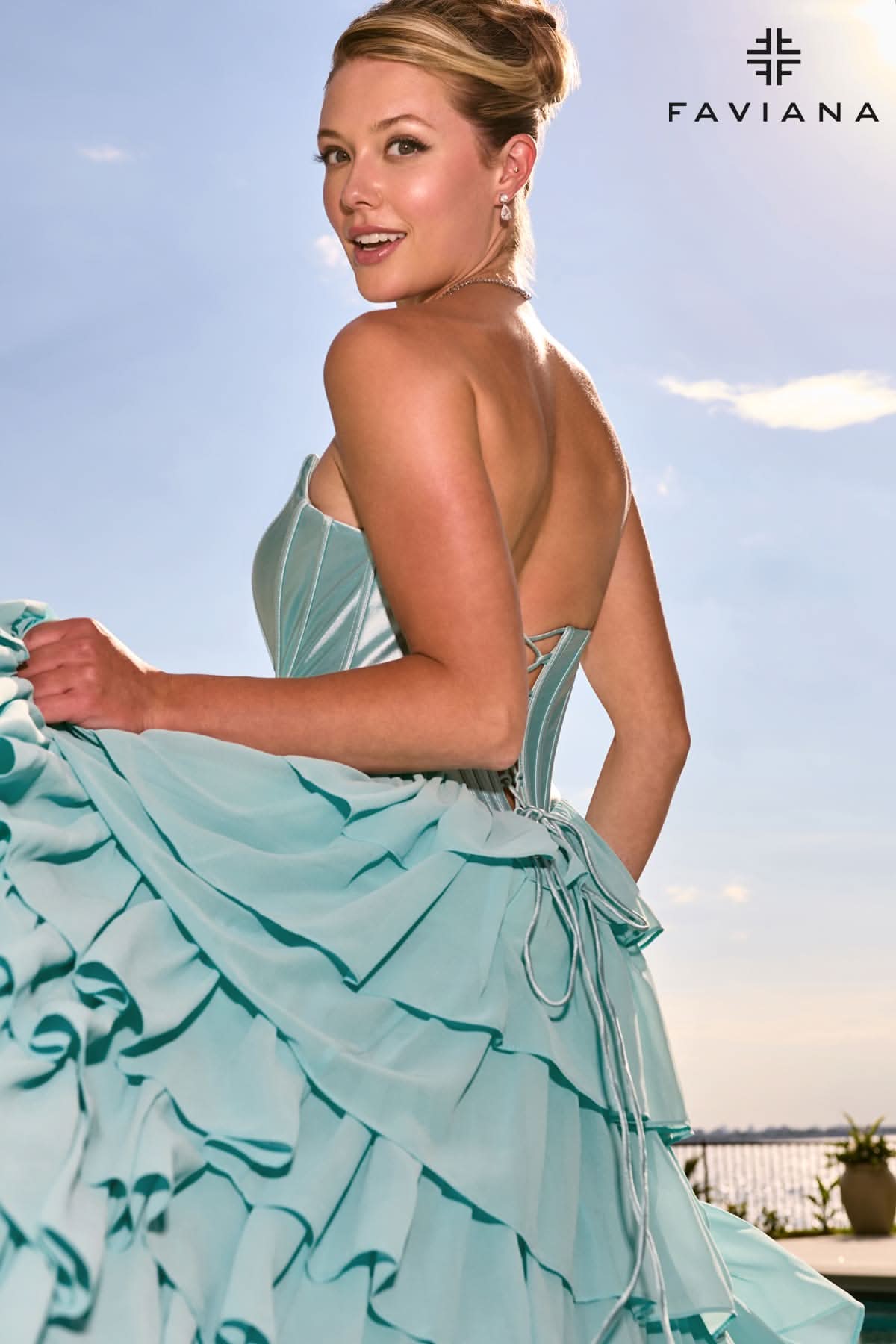 Flowy Chiffon Tiered Gown With Pointed Satin Corset Top | 11631
