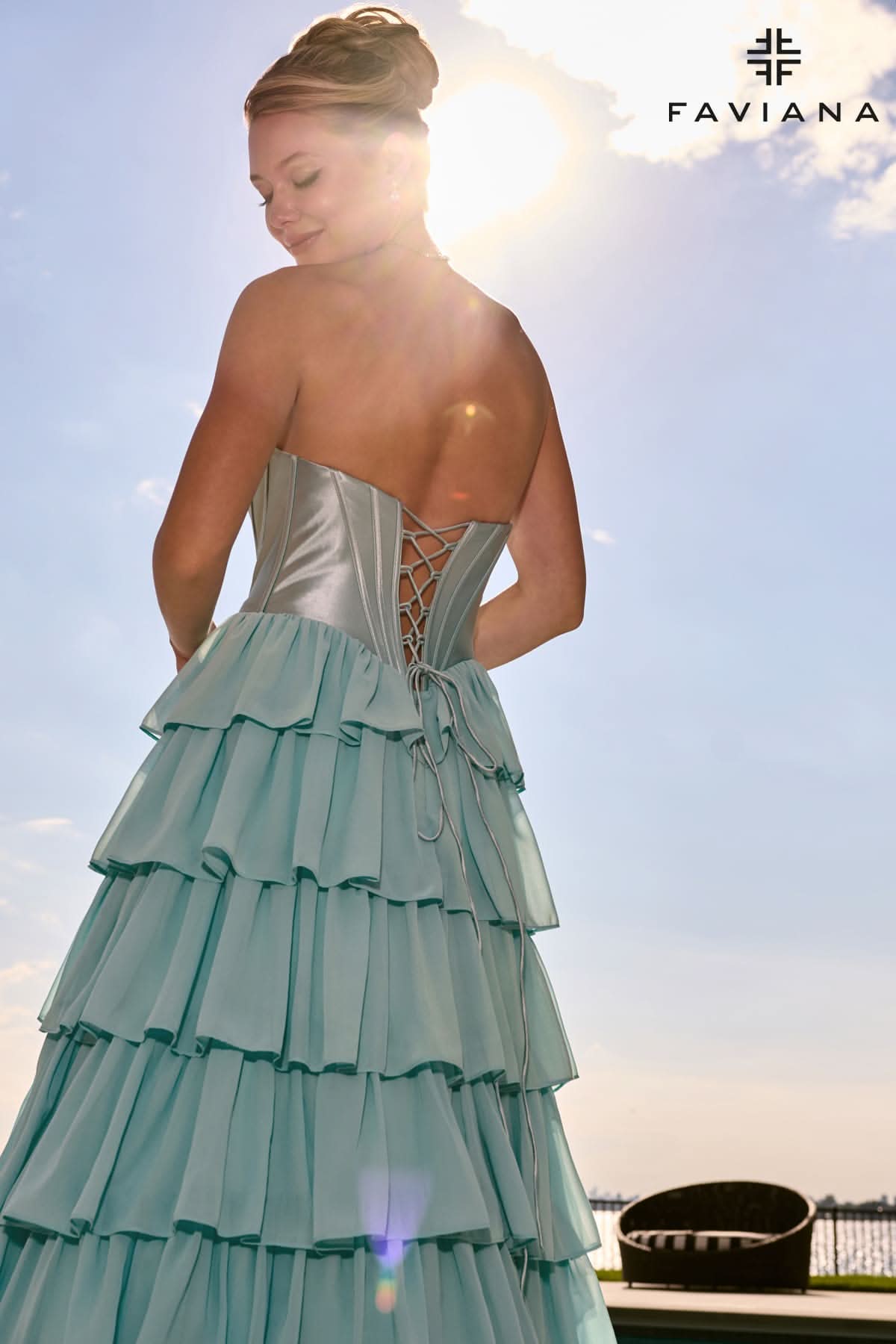 Flowy Chiffon Tiered Gown With Pointed Satin Corset Top | 11631