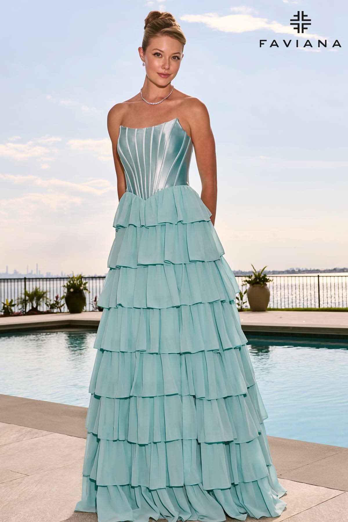 Flowy Chiffon Tiered Gown With Pointed Satin Corset Top | 11631