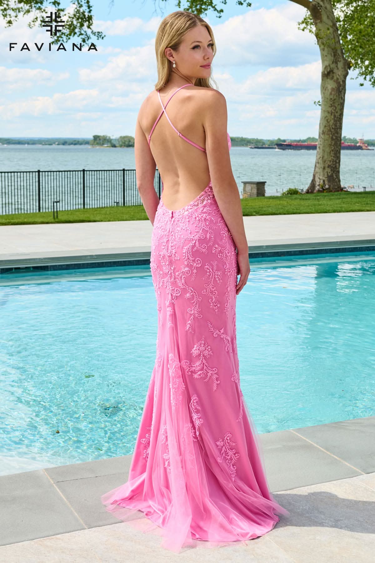 Lace And Tulle Beaded Open Back Gown With Leg Slit | 11626