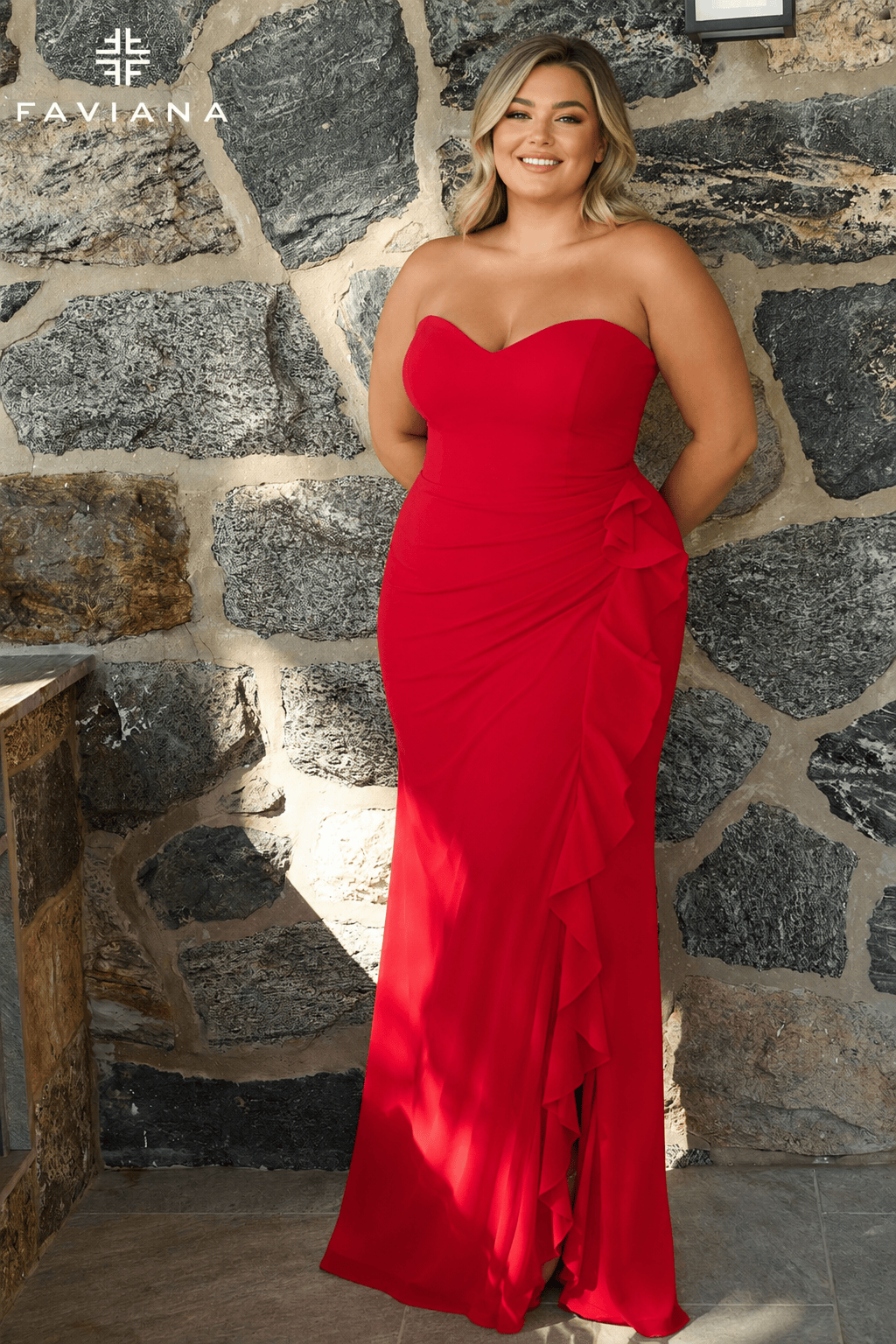 Chiffon Strapless Sweetheart Dress With Ruffle Slit And Ruching | 11673
