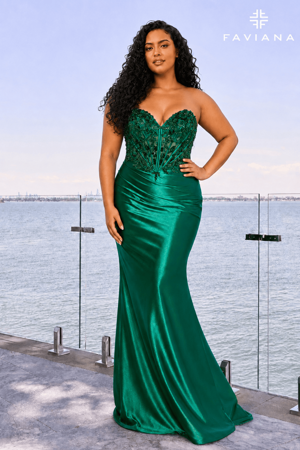 Pointed Plus Size Strapless Satin Corset Dress With Sequin Beading | 11607