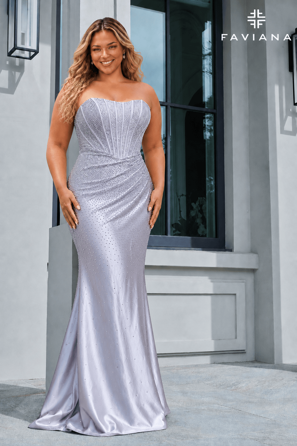Plus Size Sparkly Strapless Satin Corset Gown With Heat Stones | 11613E