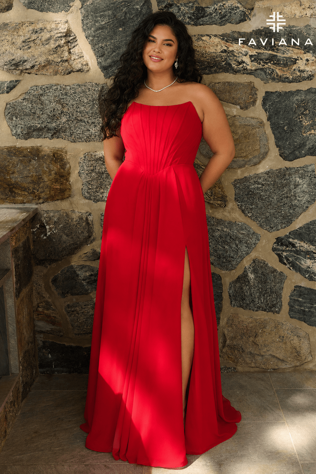 Strapless Chiffon Corset A-Line Gown With Leg Slit And Pockets | 11672