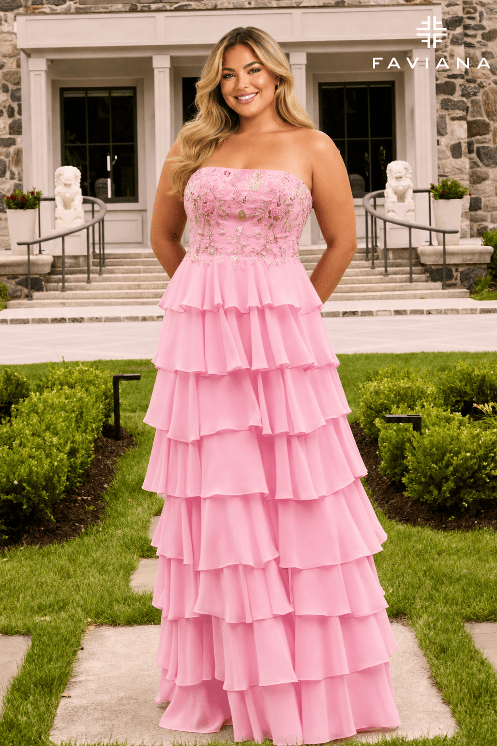 Strapless Tiered Gown With Multicolored Floral Appliqué | 11675