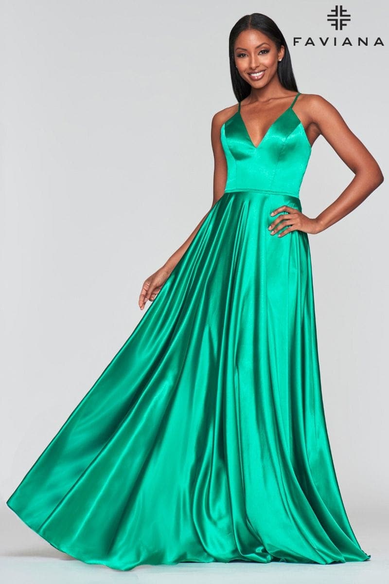 Emerald Silky Charmeuse Lace Up Back Prom Dress With Side Pockets