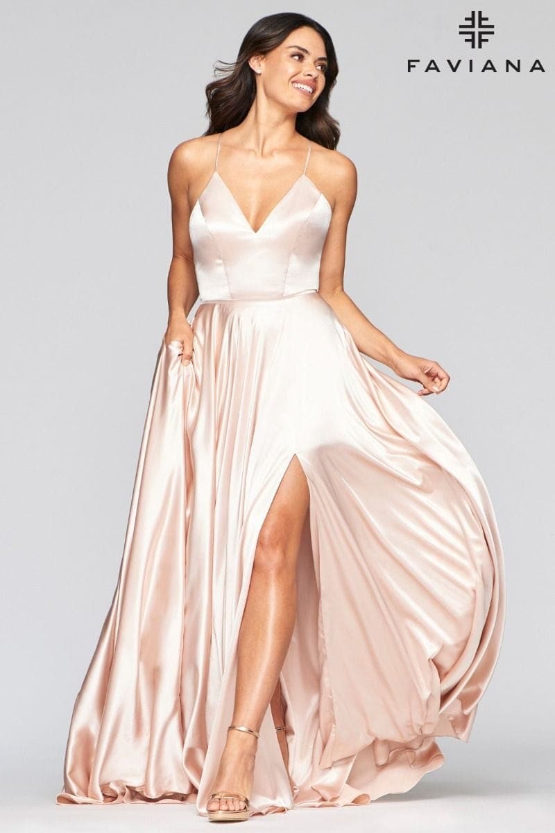 Light Pink Silky Charmeuse Lace Up Back Prom Dress With Side Pockets