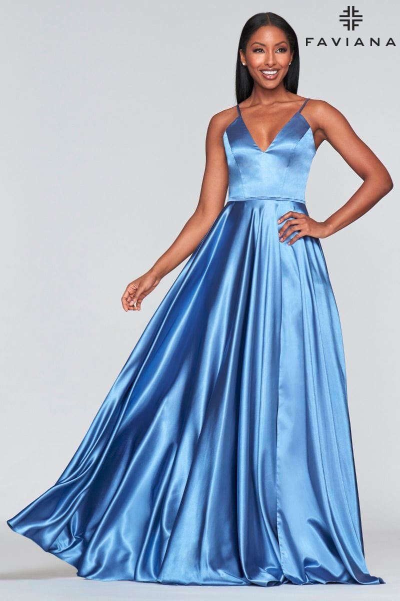 Blue Silky Charmeuse Lace Up Back Prom Dress With Side Pockets