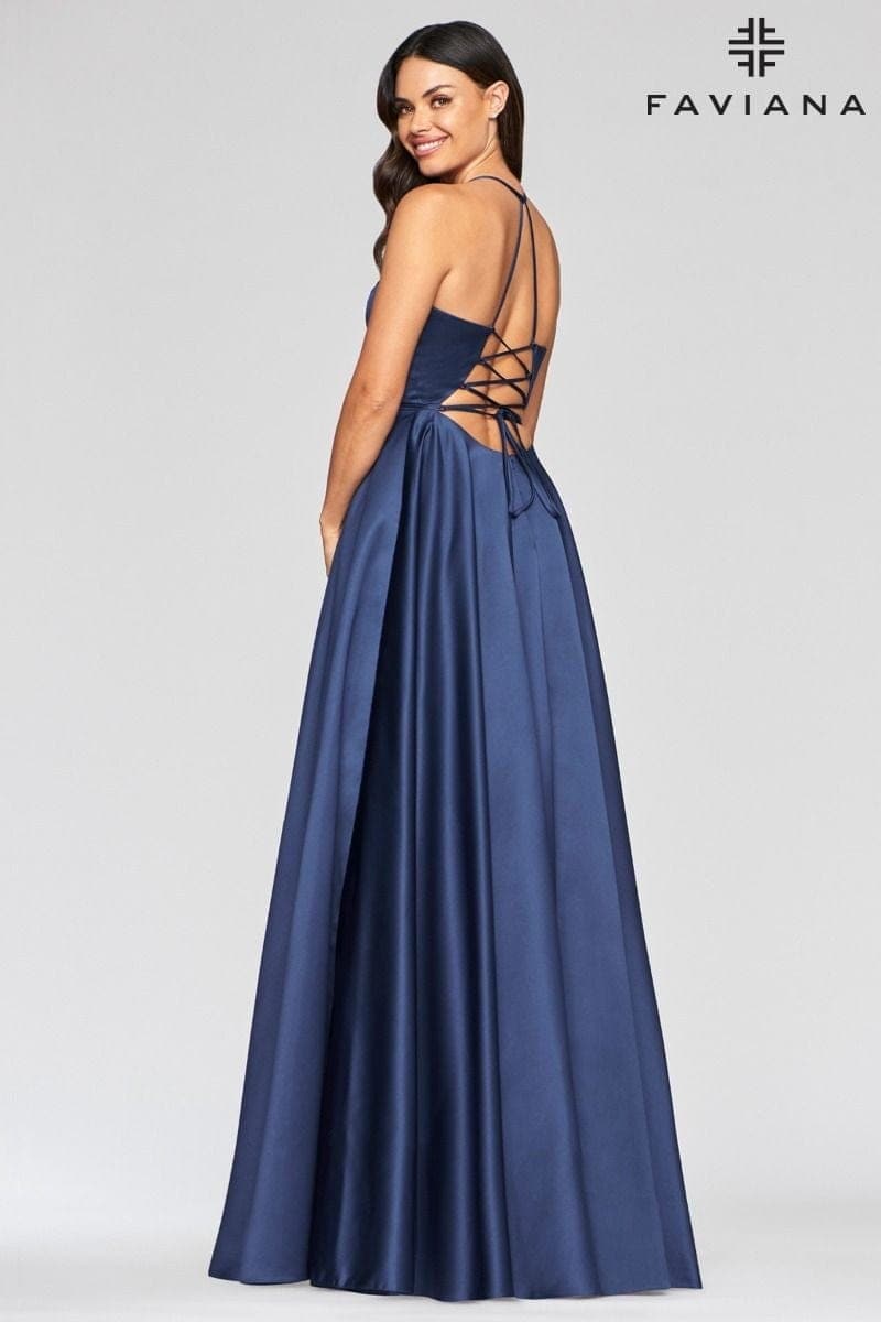 Navy Satin Ballgown Dress With Lace Up Back And V Neck