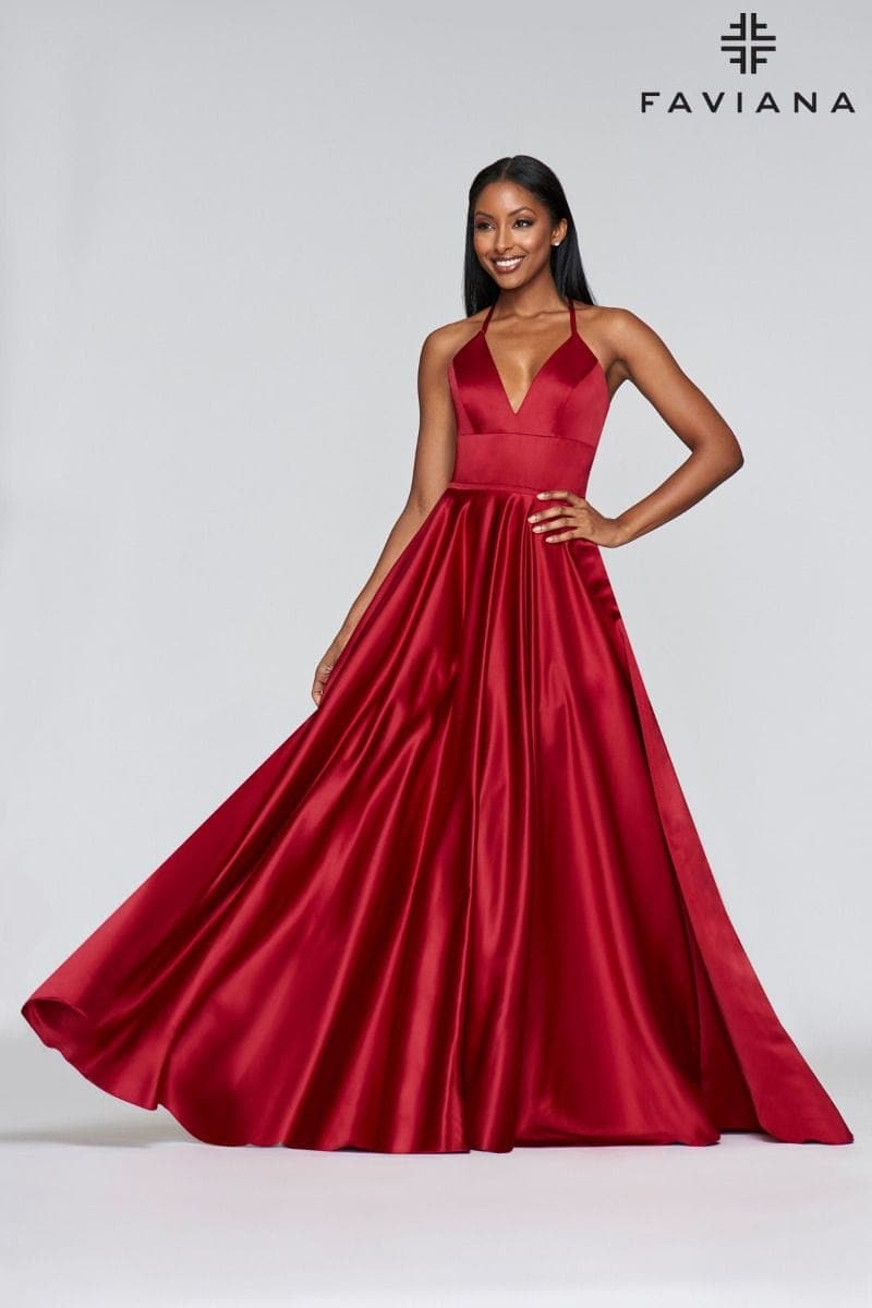 Ruby Red Satin Ballgown Dress With Lace Up Back And V Neck