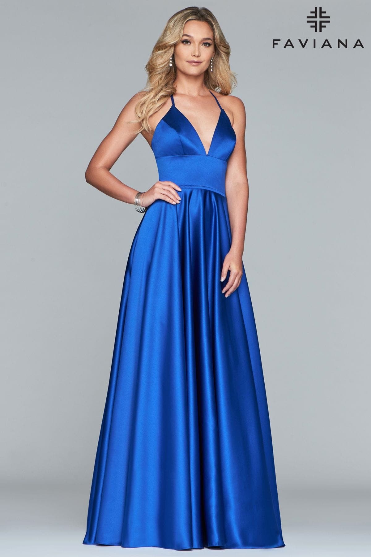 Royal Satin Ballgown Dress With Lace Up Back And V Neck