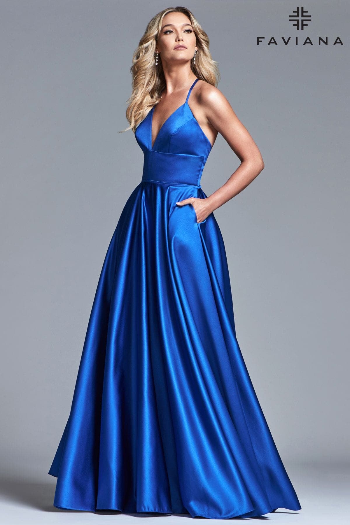 Royal Satin Ballgown Dress With Lace Up Back And V Neck