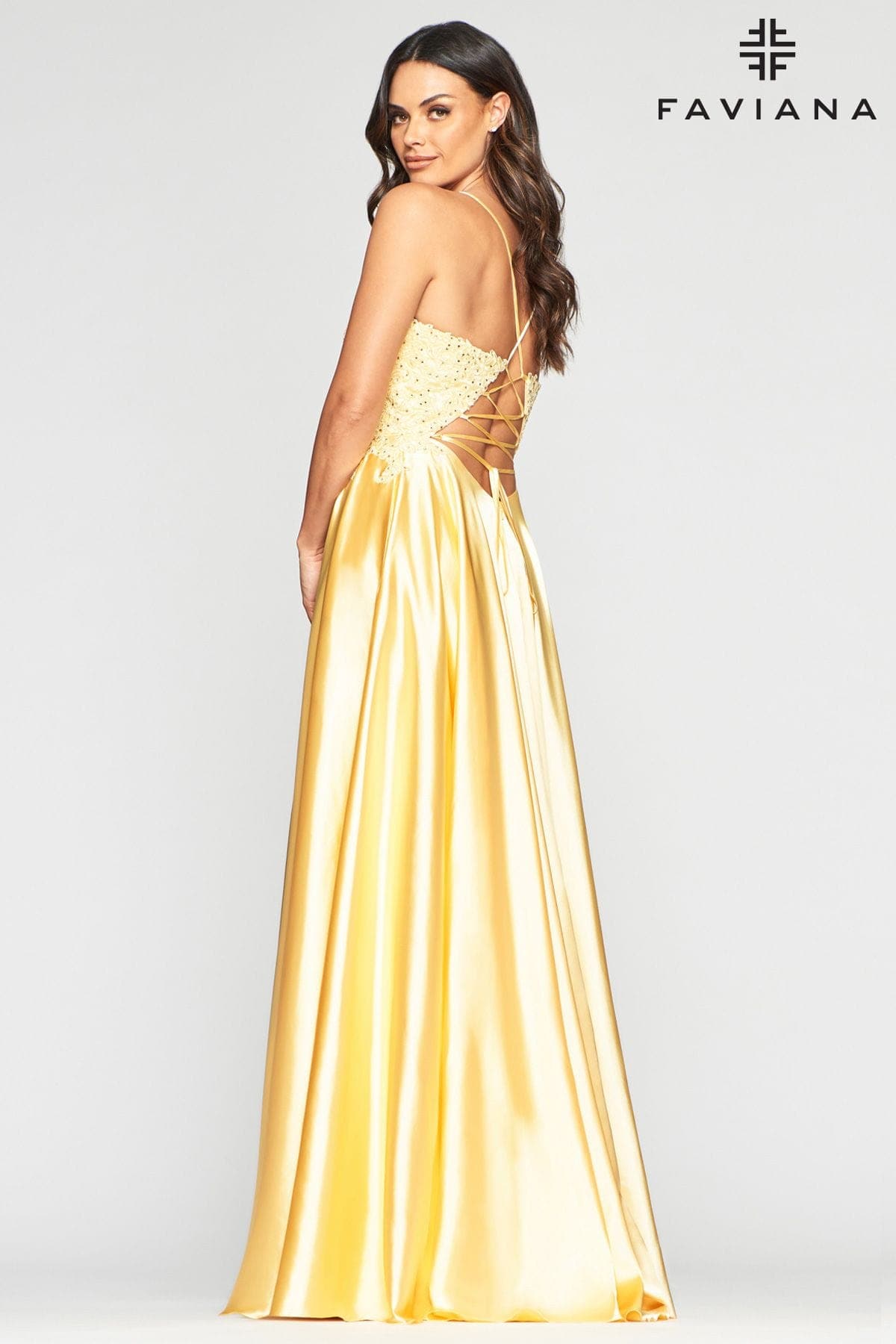 Yellow Long Flowy Prom Dress With Lace Bustier And Corset Back