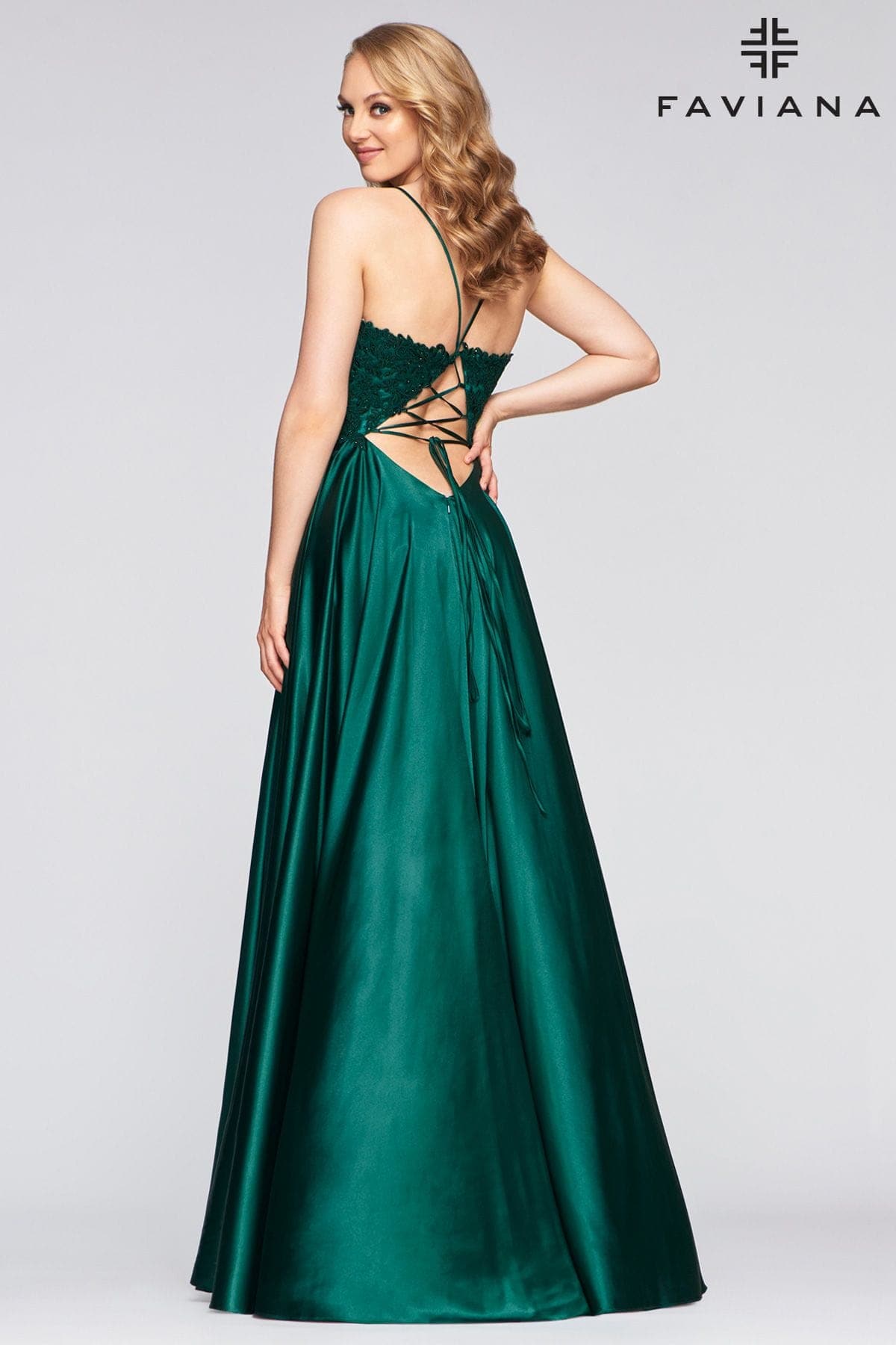 Deep Green Long Flowy Prom Dress With Lace Bustier And Corset Back | Faviana Deep Green Long Flowy Prom Dress With Lace Bustier And Corset Back | Faviana