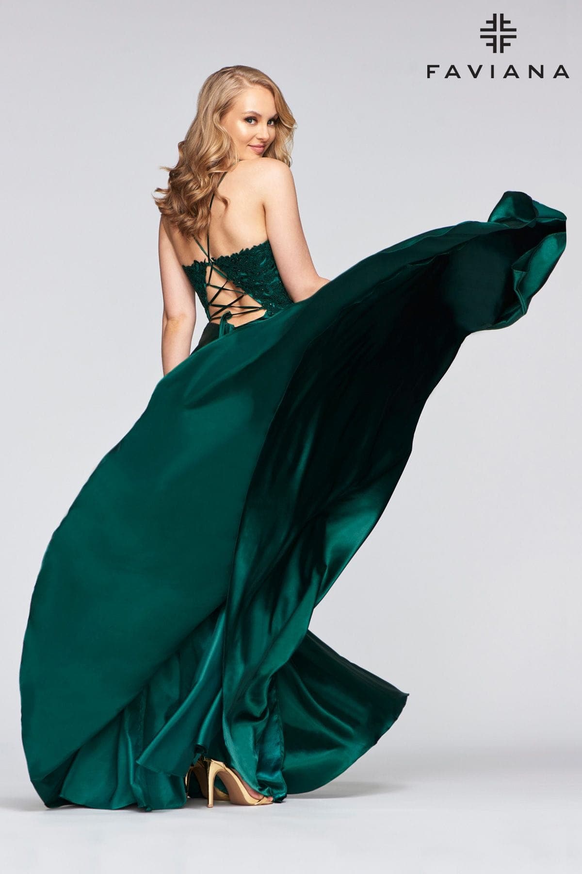 Deep Green Long Flowy Prom Dress With Lace Bustier And Corset Back | Faviana Deep Green Long Flowy Prom Dress With Lace Bustier And Corset Back | Faviana