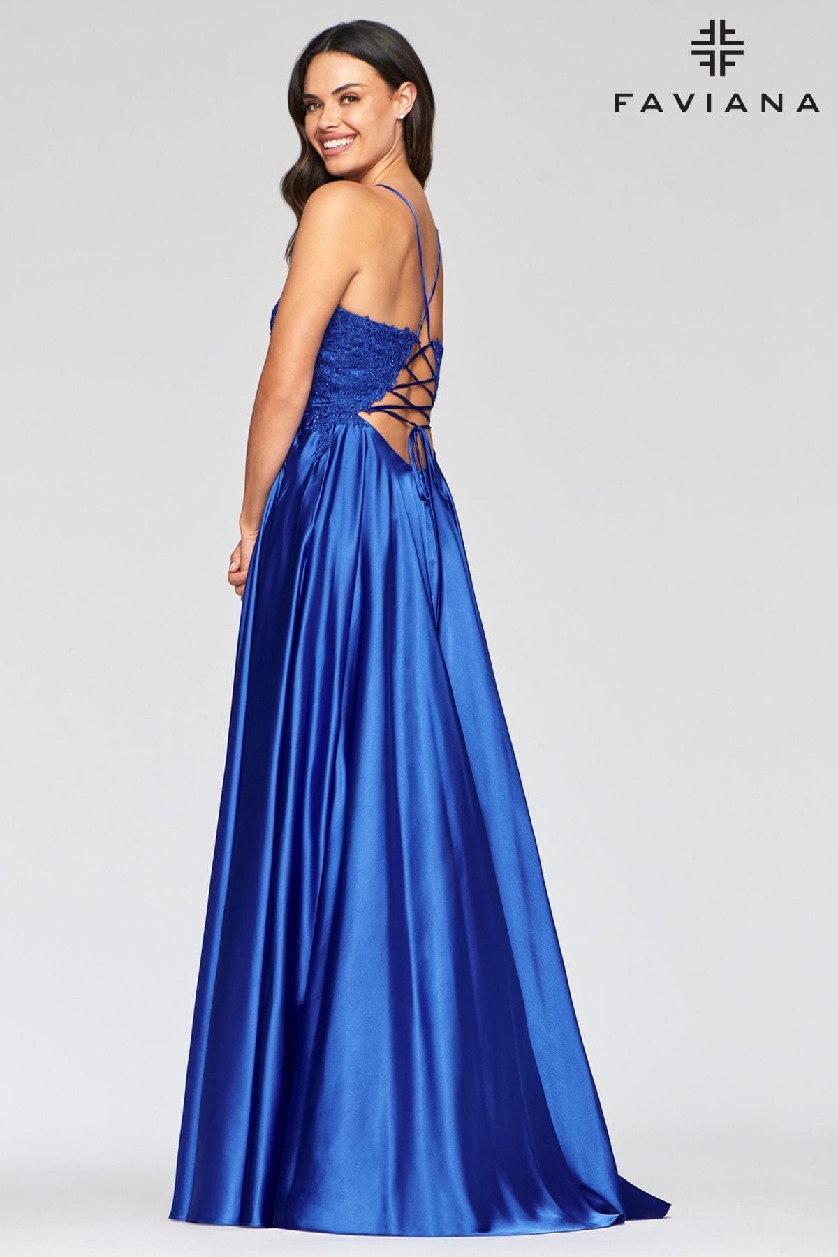 Royal Blue Long Flowy Prom Dress With Lace Bustier And Corset Back