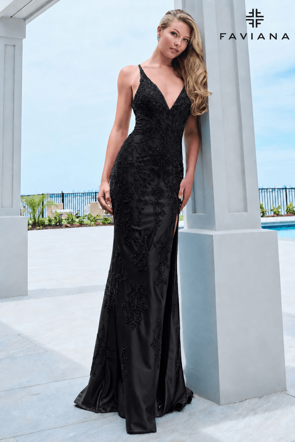 Satin Beaded Halter Long Dress With Lace-Up Back And Leg Slit | 11680