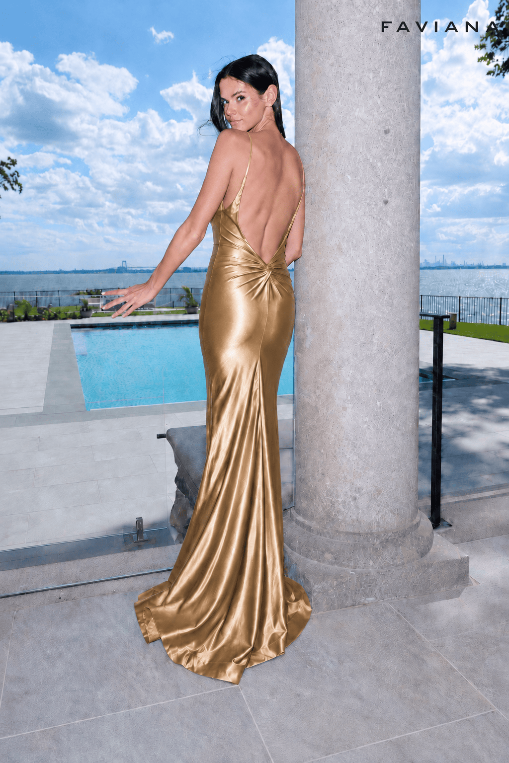 Gold Satin Gown With Open Deep V Knot Back | 11633