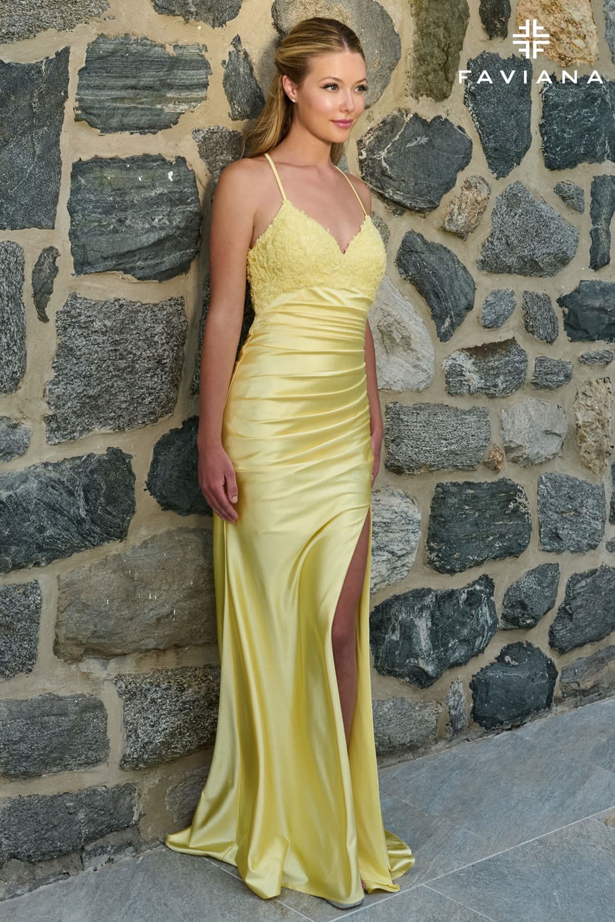 Satin Ruched V-Neck Gown With Beaded Embellishments | 11645