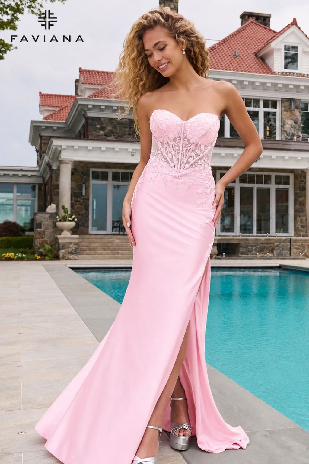 Satin Strapless Beaded Illusion Corset Dress With Zipper Back And Ruching | 11644