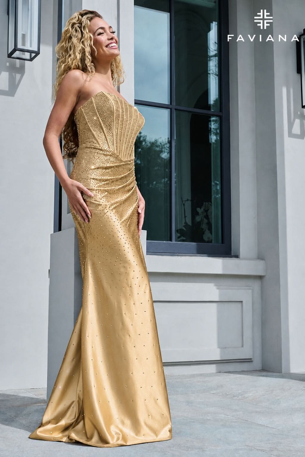 Gold Sparkly Strapless Satin Corset Gown With Heat Stones | 11613