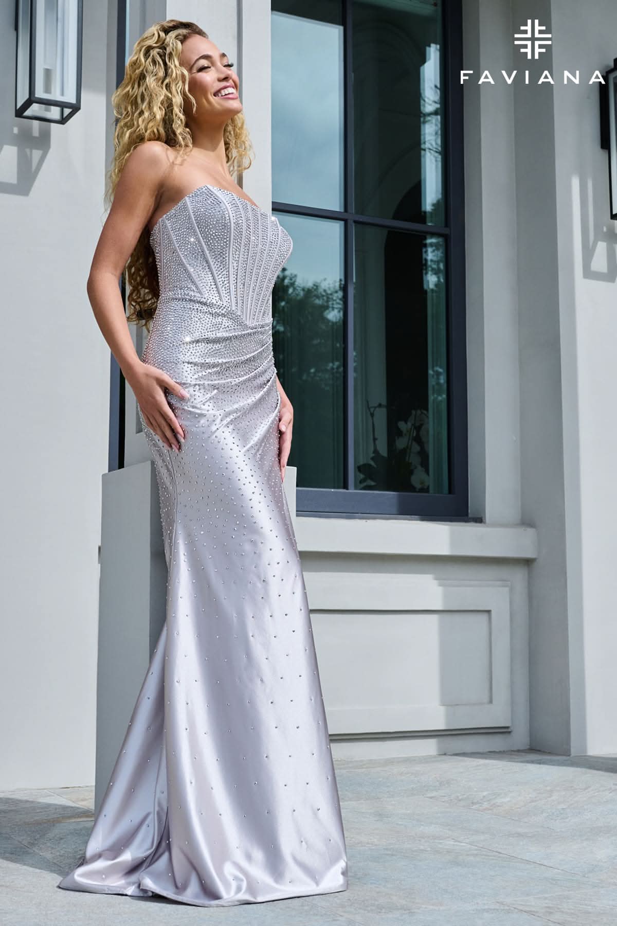 Sparkly Strapless Satin Corset Gown With Heat Stones | 11613