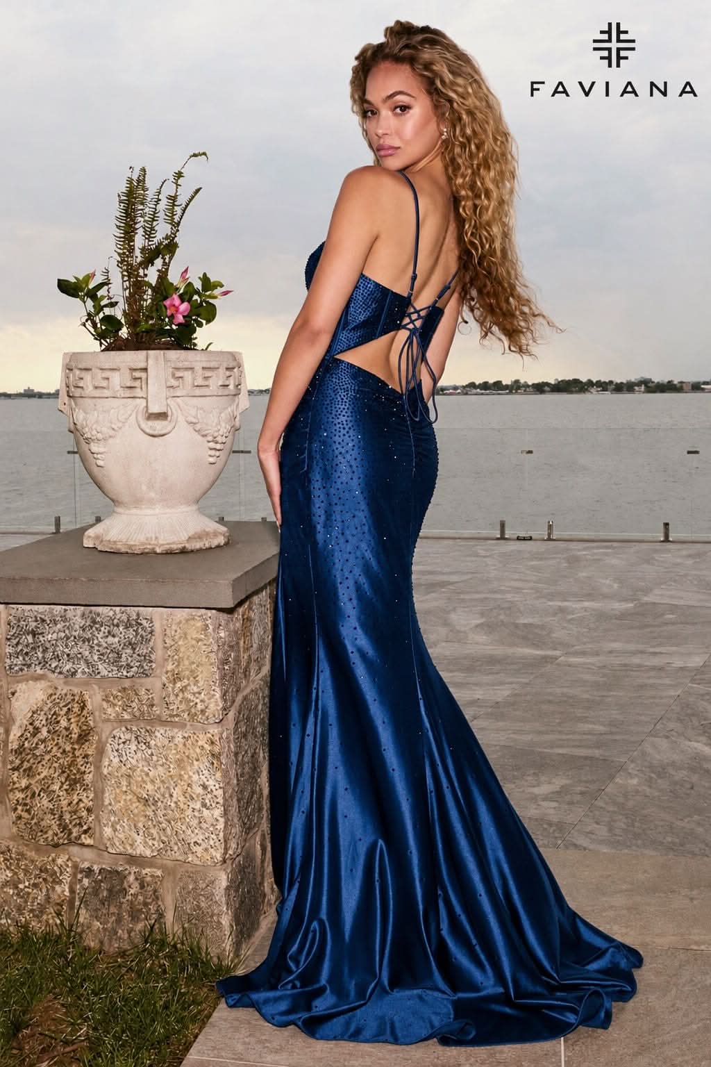 Sparkly Stretch Satin Lace-Up Back Corset Dress With Heat Stones | 11621