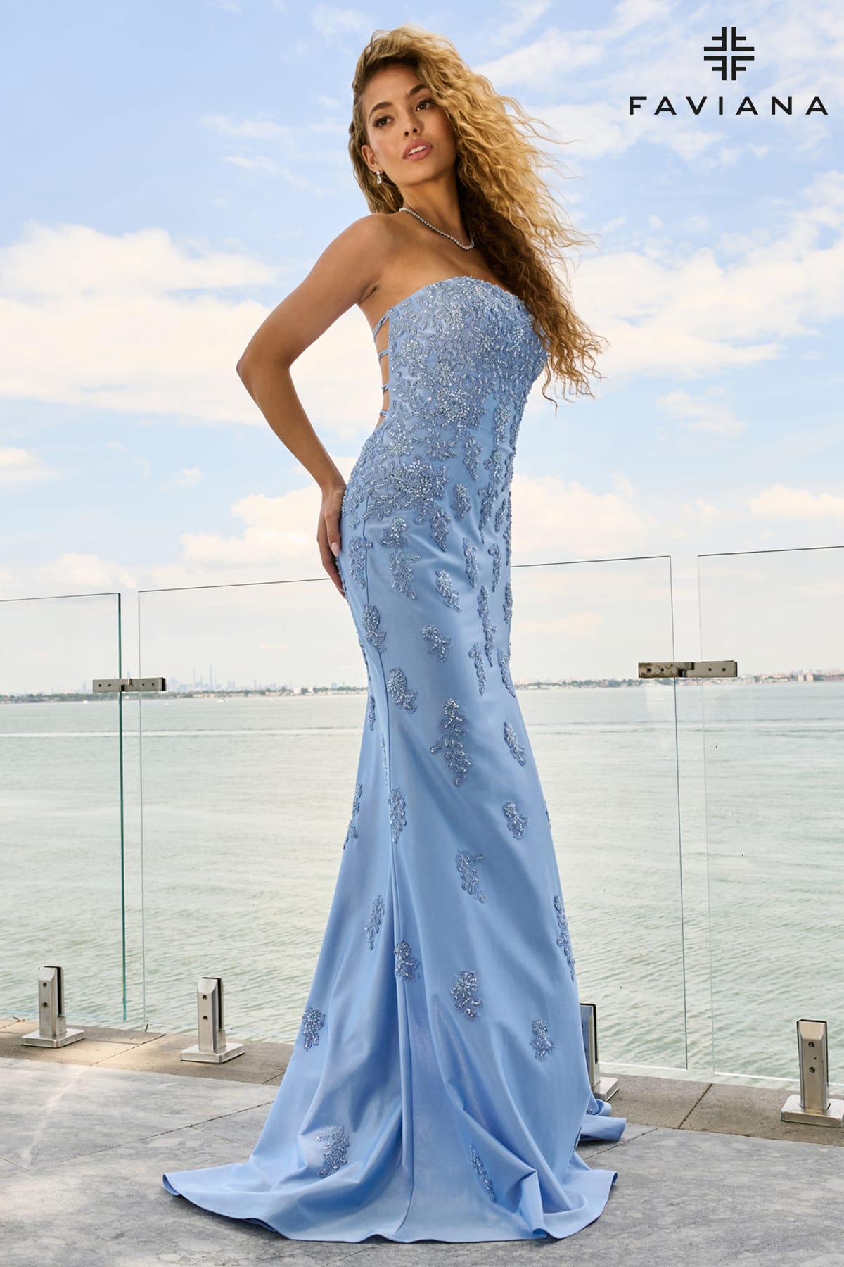 Strapless Beaded And Sparkle Gown With Leg Slit And Lace-Up Back | 11663