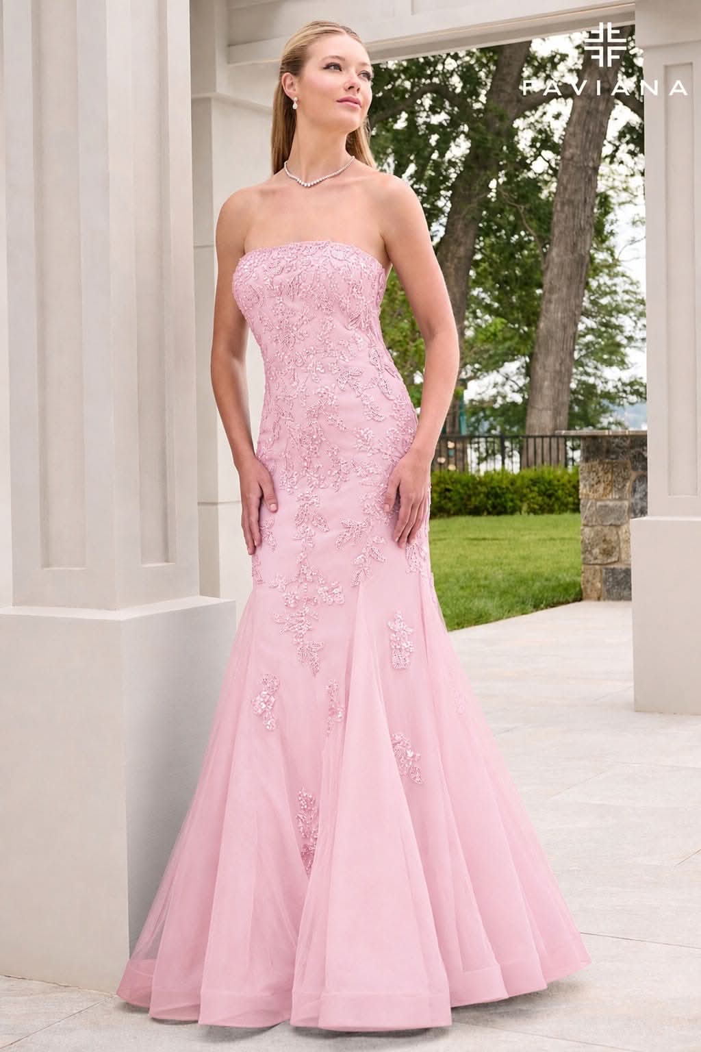 Light Pink Strapless Beaded Lace Mermaid Gown With Godets | 11643