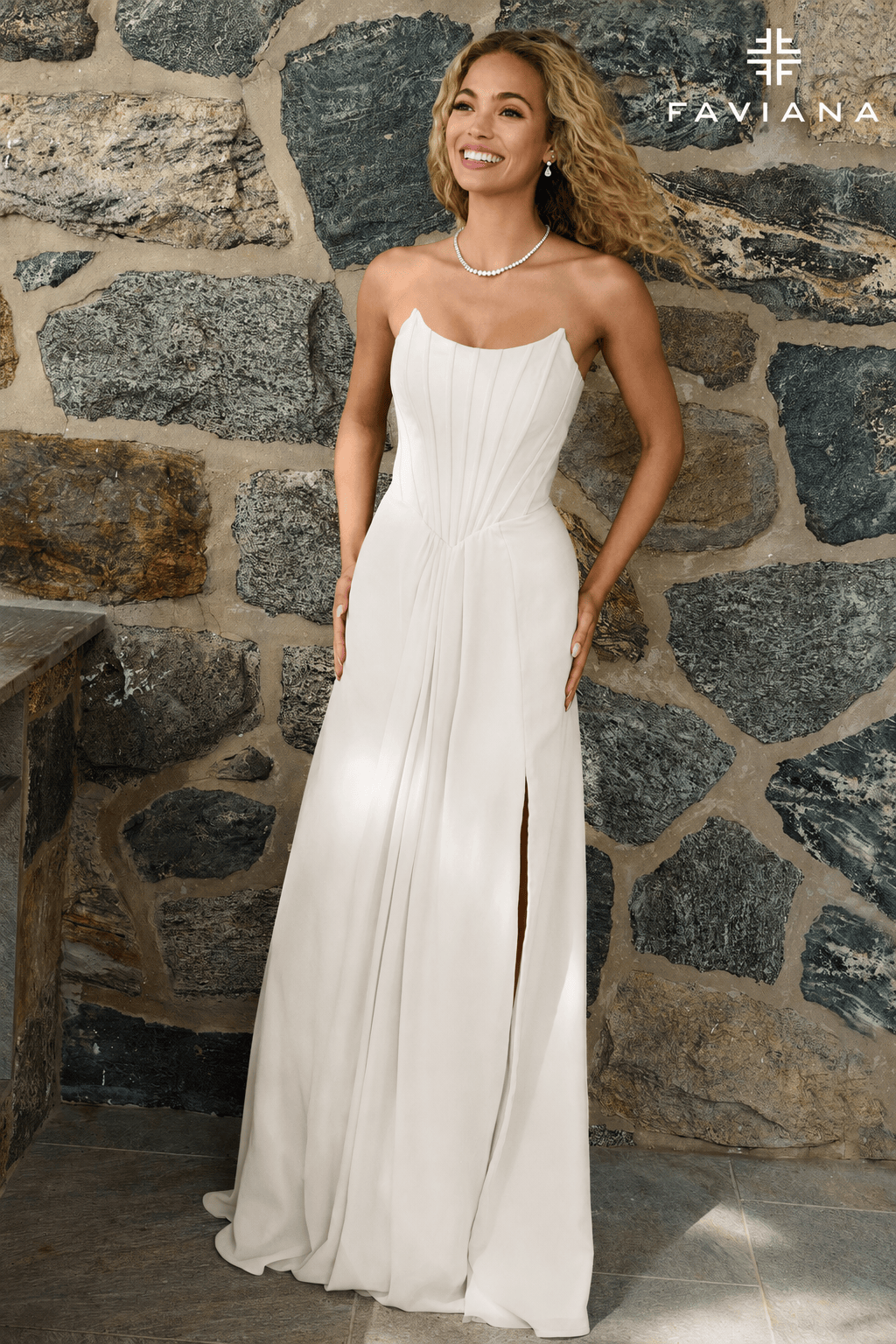Strapless Chiffon Corset A-Line Gown With Leg Slit And Pockets | 11672