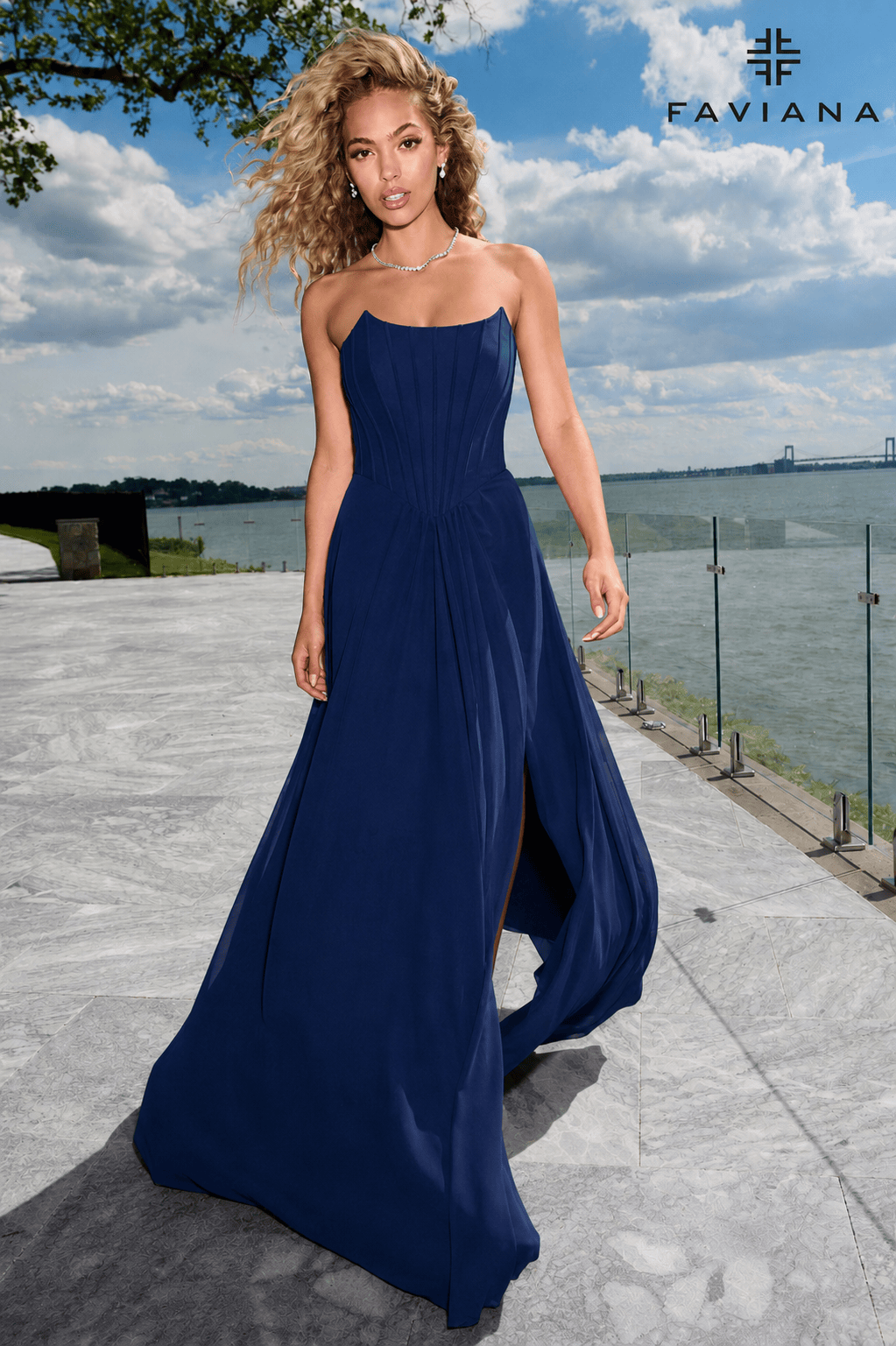 Strapless Chiffon Corset A-Line Gown With Leg Slit And Pockets | 11672