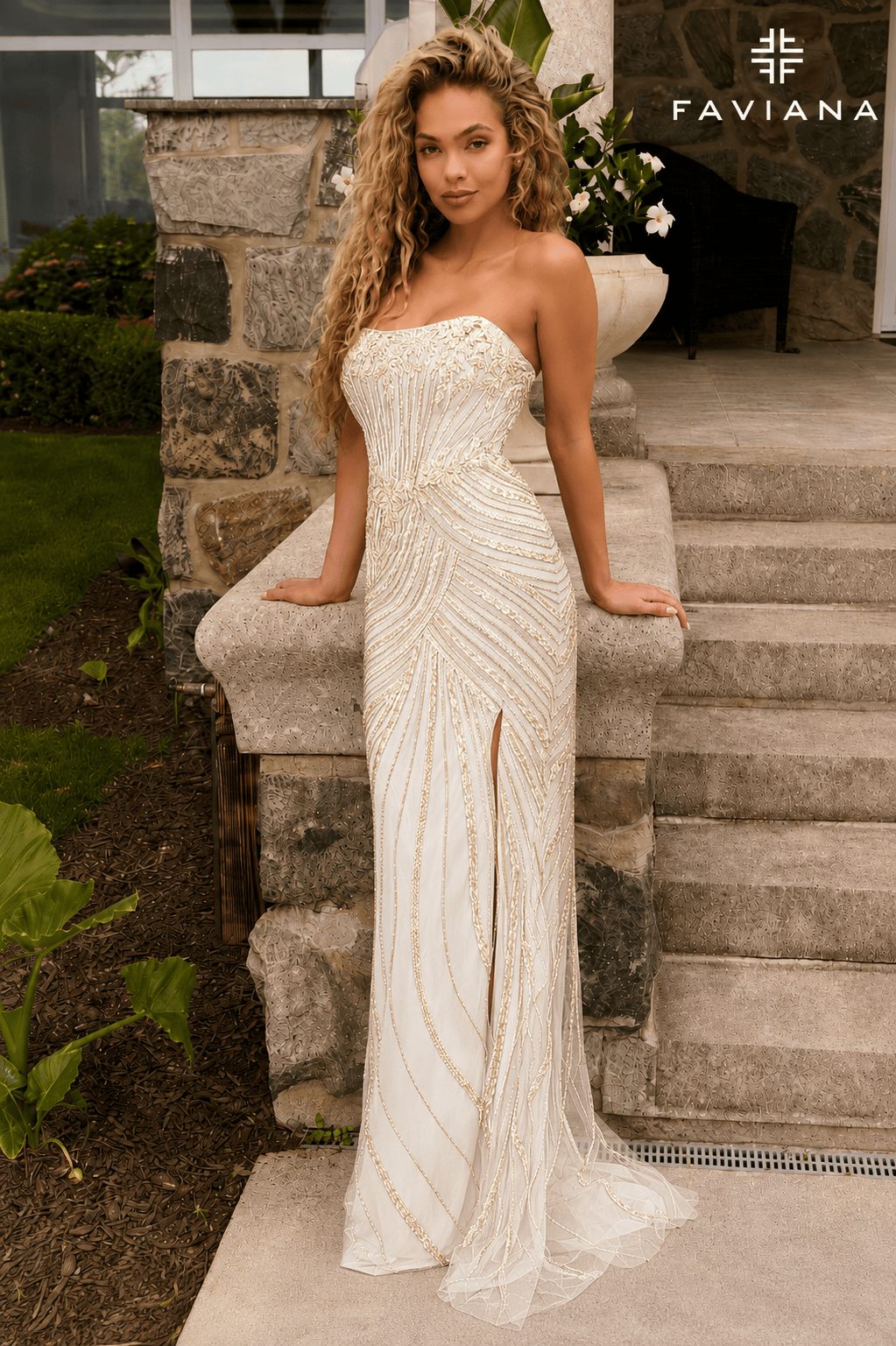 Ivory/Gold Strapless Corset Gown With Embellished Beading And Lace-Up Back | 11615