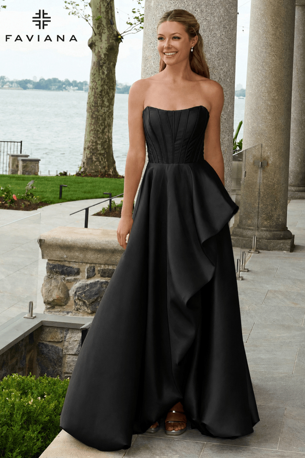 Strapless Corset Mikado Bubble Hem Gown With Wrapover Skirt And Pockets  | E11671