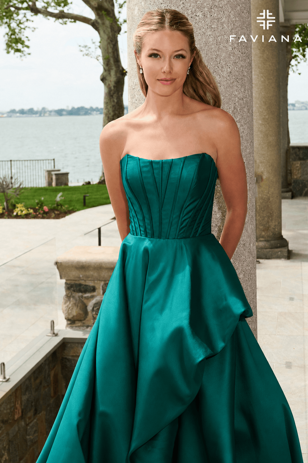 Strapless Corset Mikado Bubble Hem Gown With Wrapover Skirt And Pockets  | E11671