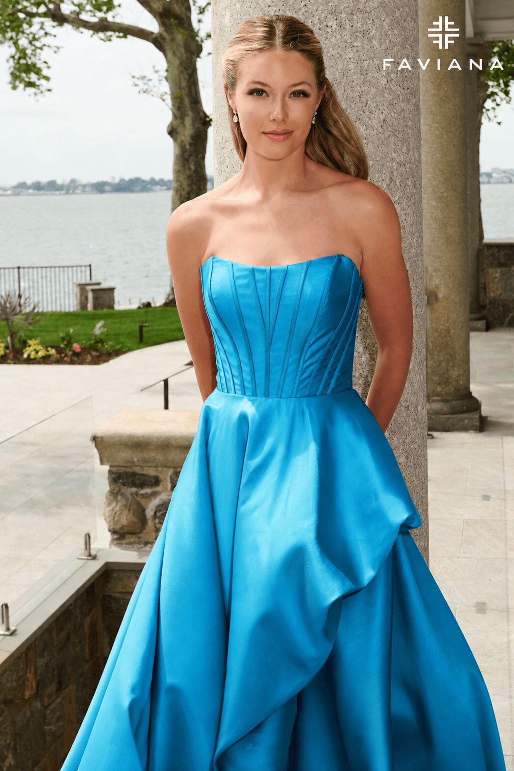 Strapless Corset Mikado Bubble Hem Gown With Wrapover Skirt And Pockets  | E11671