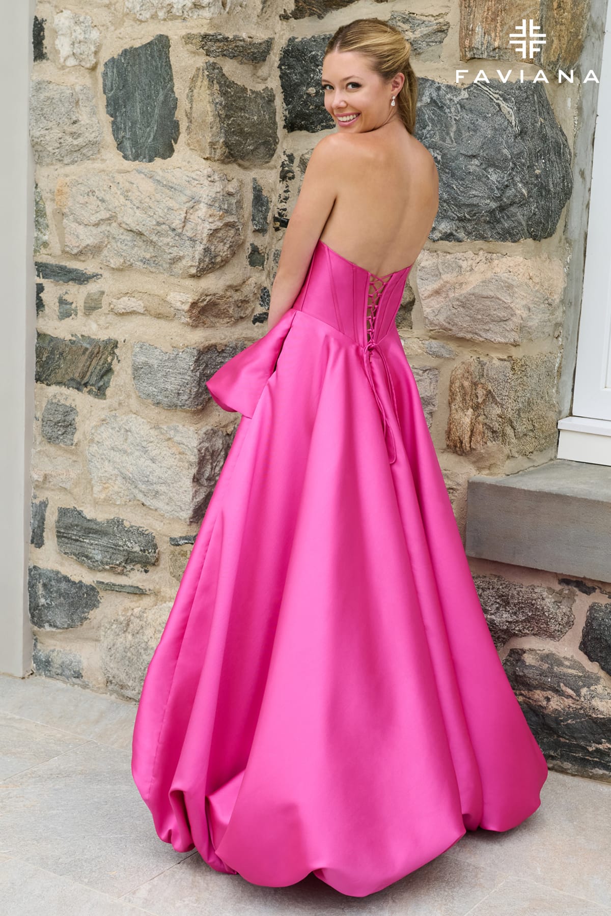 Strapless Corset Mikado Bubble Hem Gown With Wrapover Skirt And Pockets  | E11671