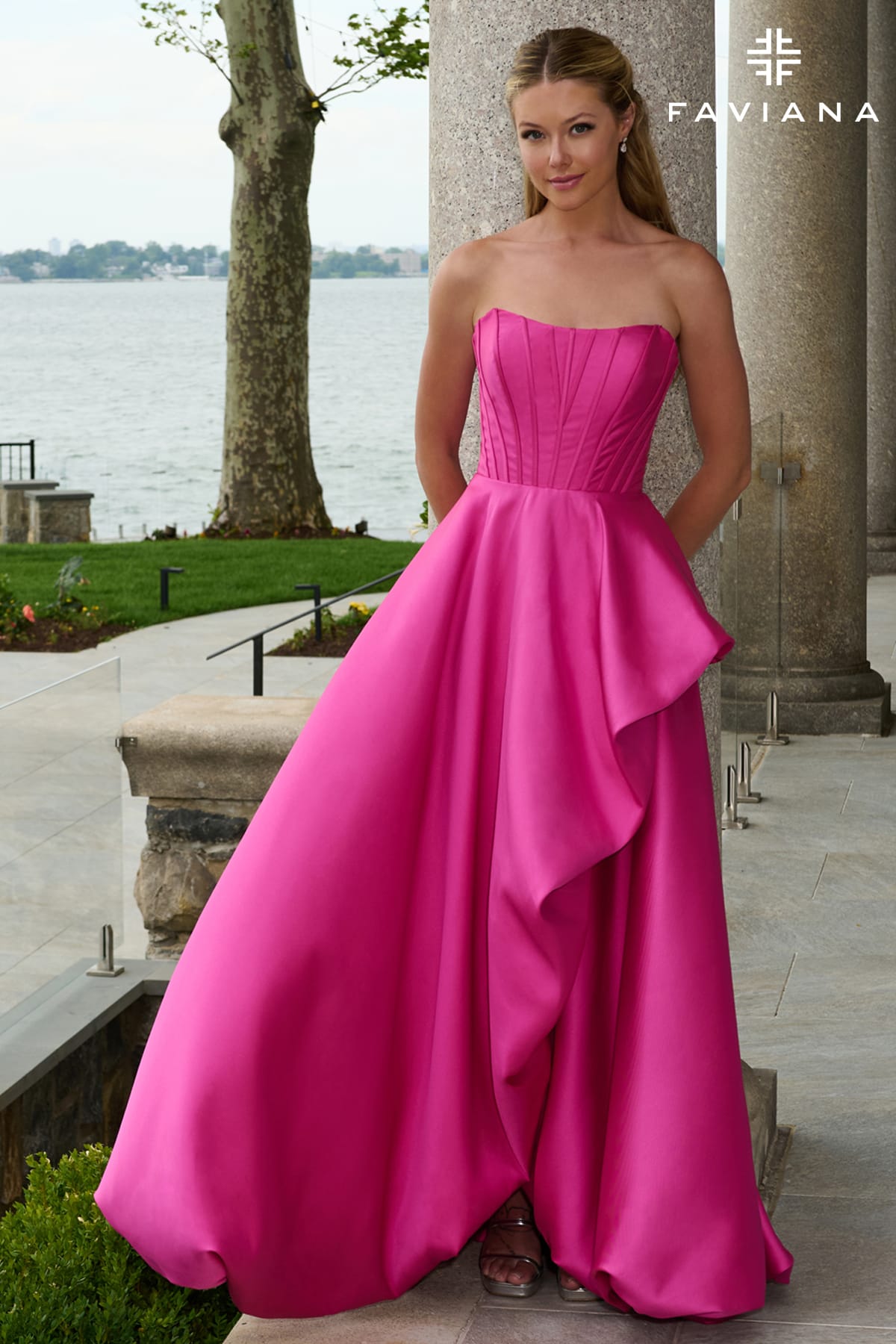 Strapless Corset Mikado Bubble Hem Gown With Wrapover Skirt And Pockets  | E11671