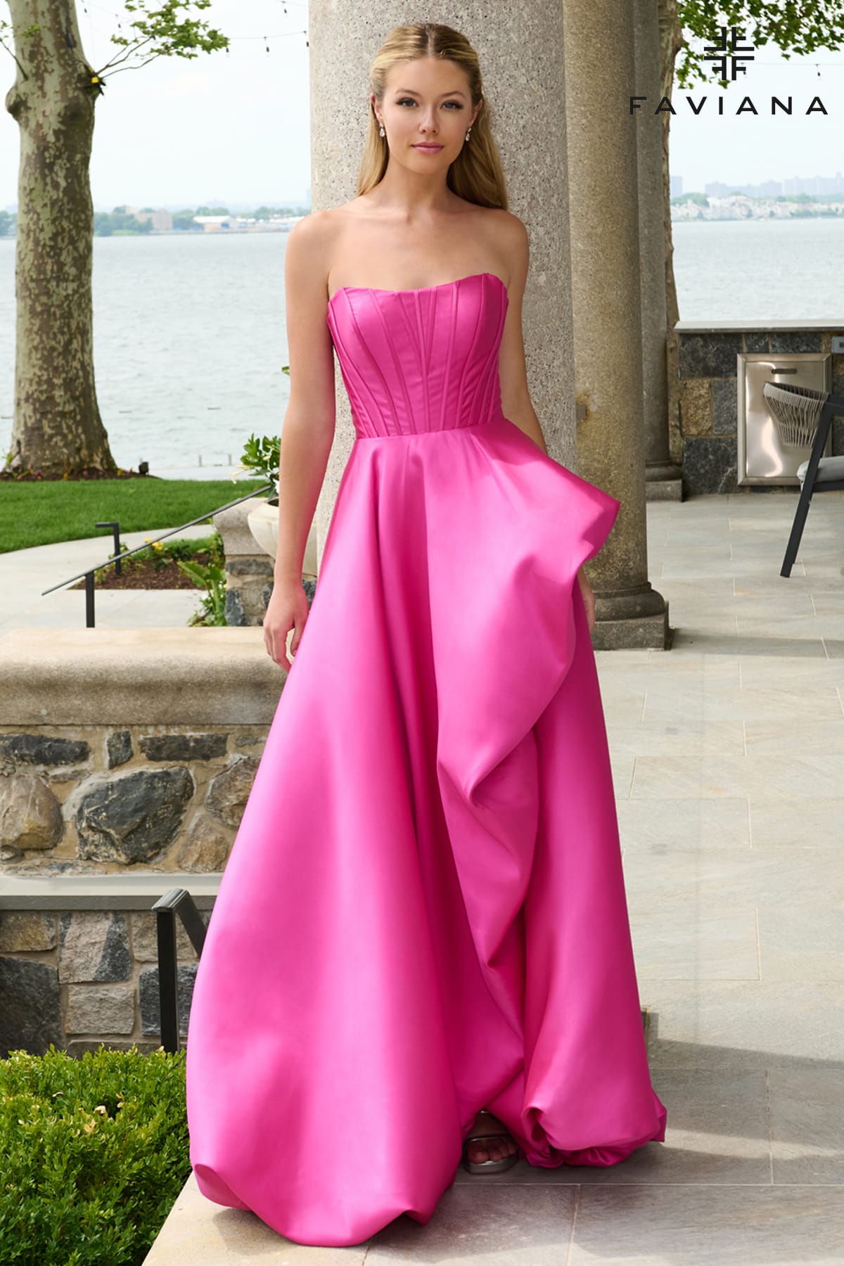 Strapless Corset Mikado Bubble Hem Gown With Wrapover Skirt And Pockets  | E11671