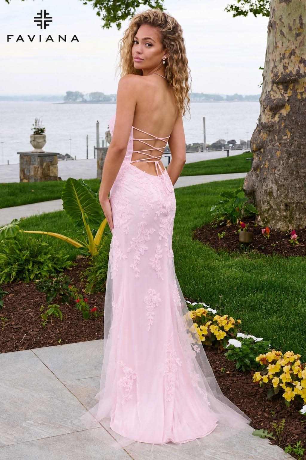 Strapless Lace Column Dress With Lace-Up Back | 11627