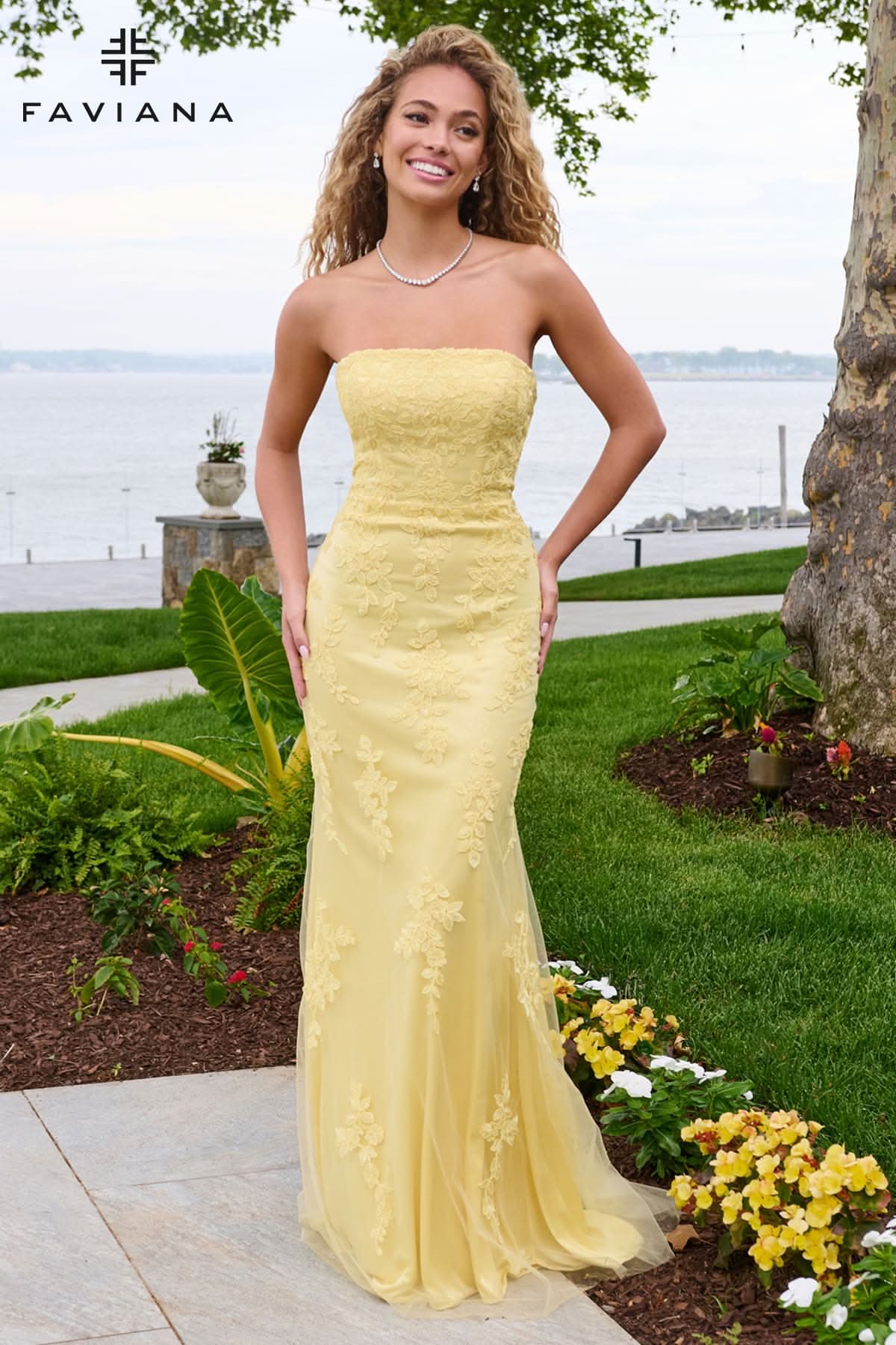 Strapless Lace Column Dress With Lace-Up Back | 11627