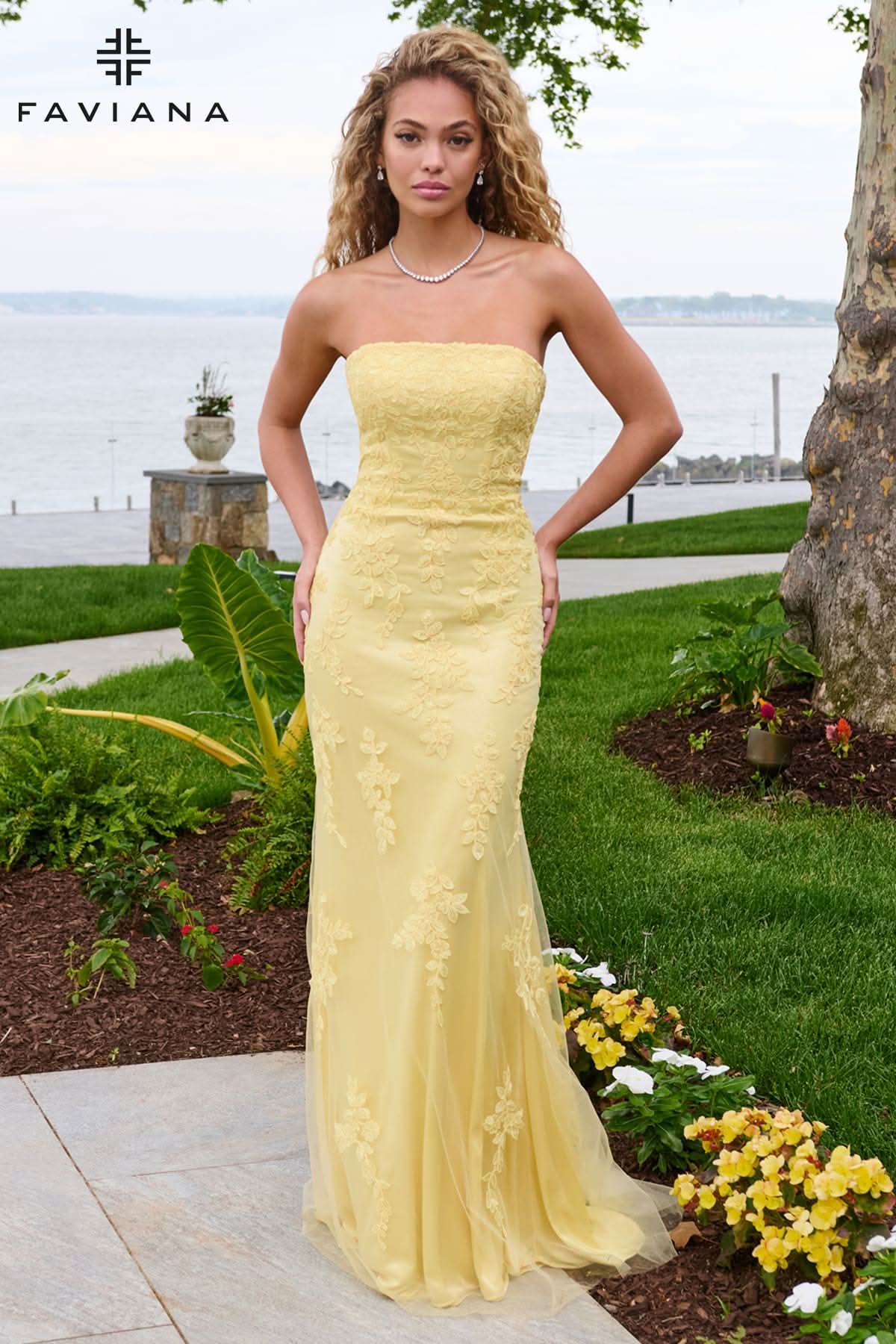 Strapless Lace Column Dress With Lace-Up Back | 11627