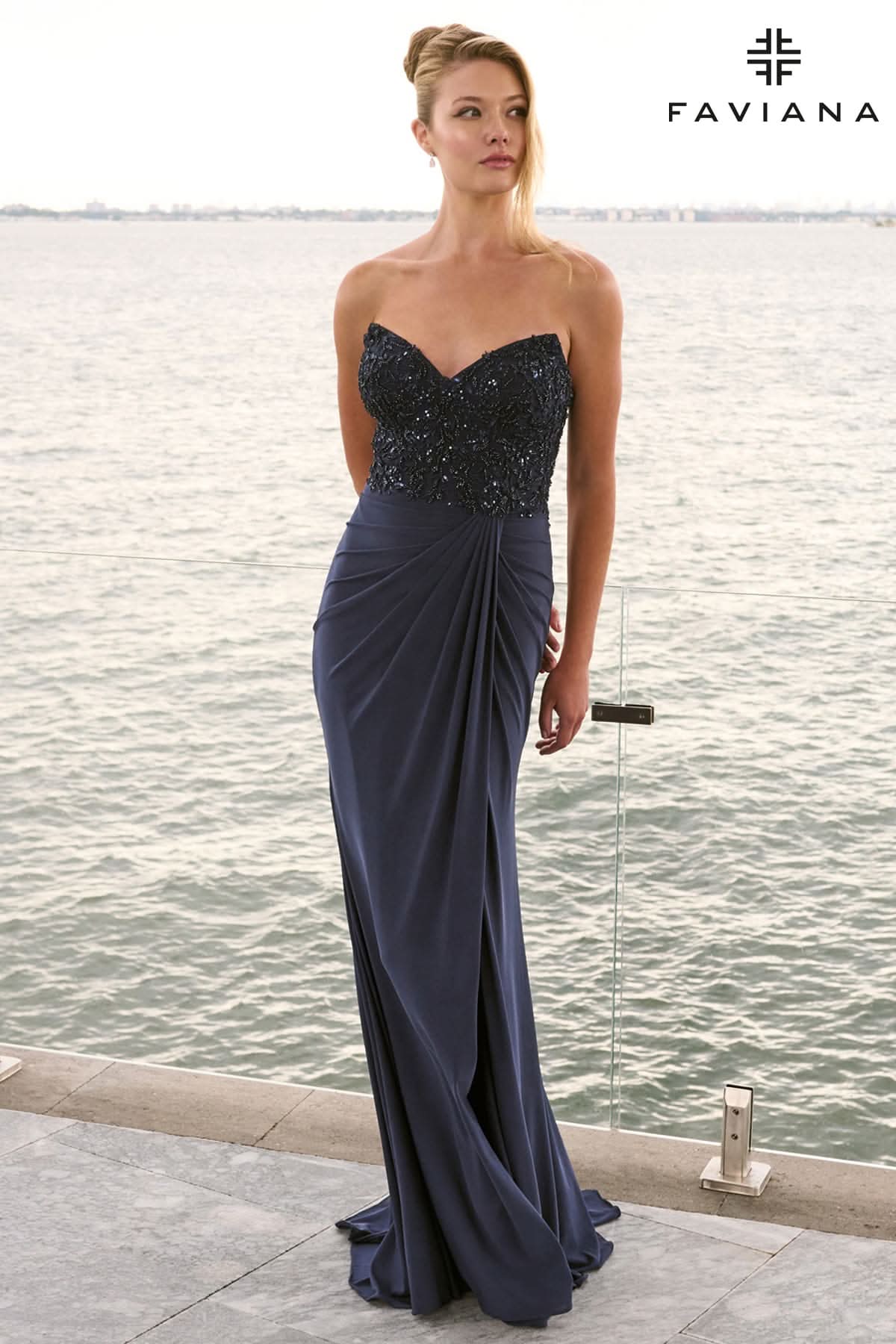 Strapless Mesh Beaded Corset Gown With Wrapover Skirt | 11636